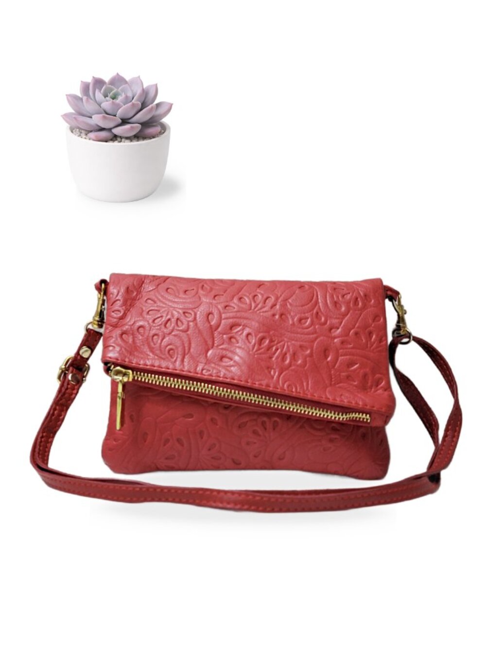 Made in Italy Red Italian Leather Foldover Crossbody Shoulder Bag Genuine Purse